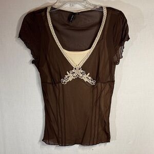 Brown Sheer Lace Trim Top (Medium)